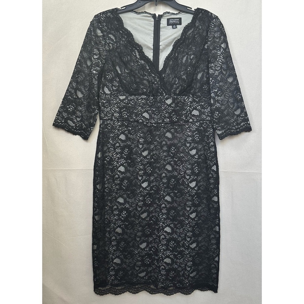 Y2K‎ Adrianna Papell Petite Black Floral Lace Goth Party Sheath Dress V-Neck 12P